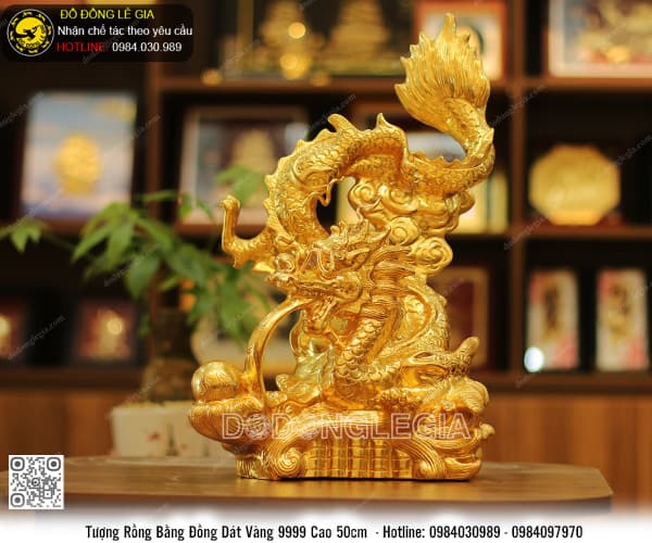 Tượng Rồng bằng đồng đỏ dát vàng 9999 cao 50cm
