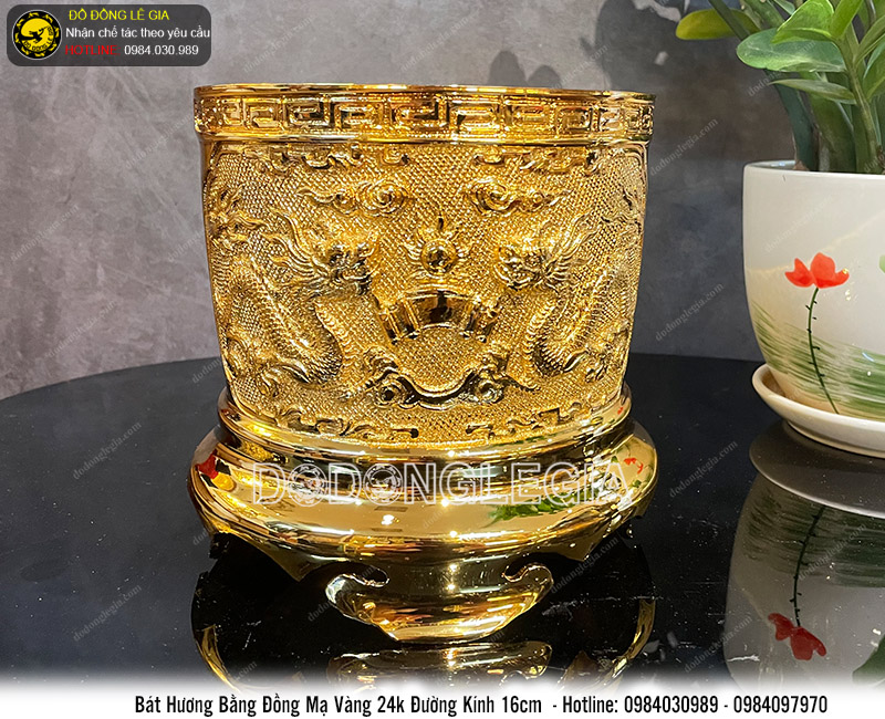 Bát hương đường kính 16cm bằng đồng mạ vàng 24k