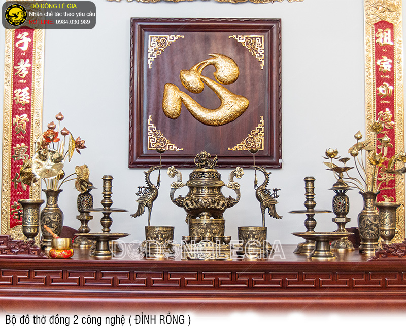 Bộ Đồ thờ hai công nghệ bằng đồng đỉnh rồng