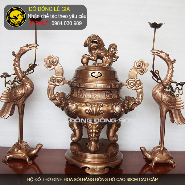 Bộ tam sự đồng đỏ ám màu giả cổ cao 60cm cao cấp