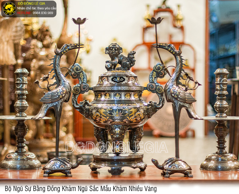Bộ Ngũ Sự bằng đồng khảm ngũ sắc mẫu khảm nhiều vàng