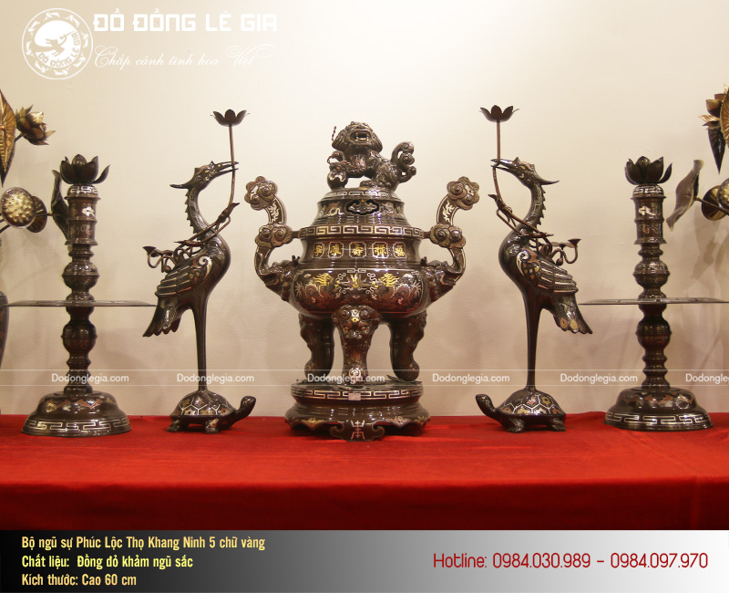 Bộ đồ thờ ngũ sự bằng đồng khảm ngũ sắc cao 60cm 5 chữ vàng