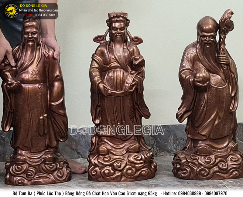Bộ tượng Phúc Lộc Thọ bằng đồng đỏ màu giả cổ