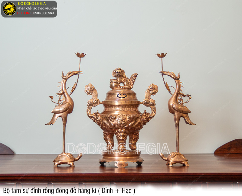 Bộ Tam Sự Đỉnh Rồng đồng đỏ hàng kĩ (Đỉnh và Hạc)
