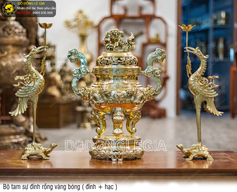Bộ Tam Sự Đỉnh Rồng vàng bóng (Đỉnh và Hạc)
