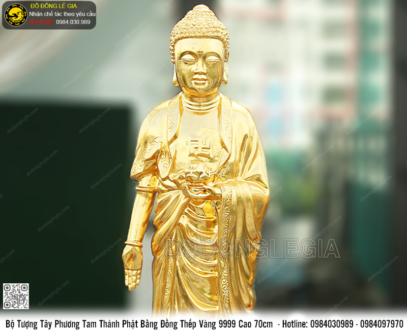  Bộ Tam Thánh Phật bằng đồng đỏ dát vàng 9999 cao 70cm