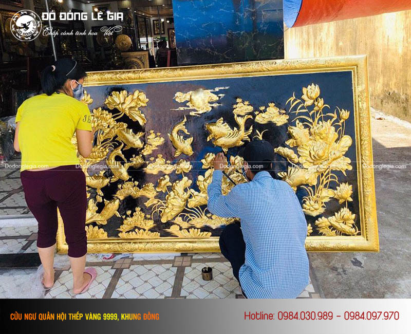 Tranh cửu ngư quần hội thếp vàng 9999