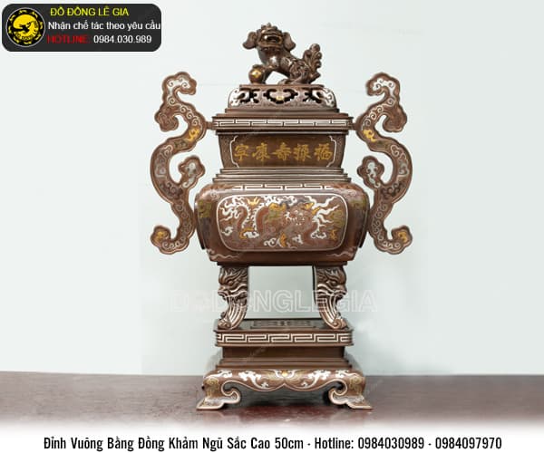 Đỉnh Vuông bằng đồng đỏ khảm ngũ sắc cao 50cm