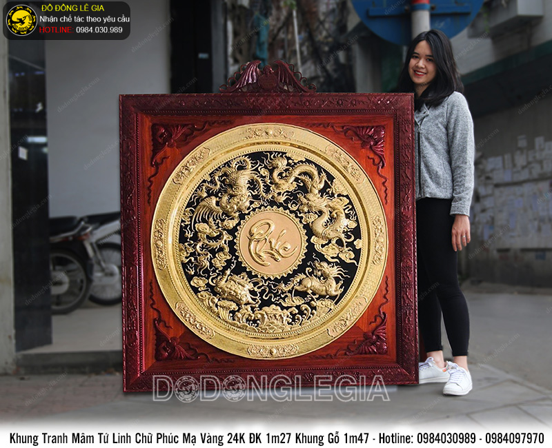 Tranh đồng Mâm tứ linh chữ Phúc mạ vàng 24k 