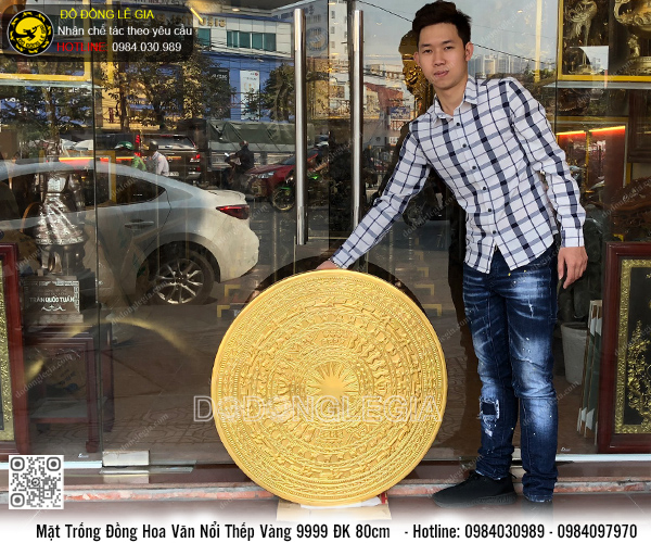 Mặt Trống Đồng Hoa Văn Nổi ĐK 80cm dát vàng 9999