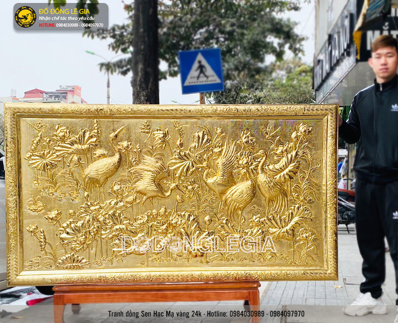 Tranh sen hạc bằng đồng phủ vàng 24k KT 1m97x1m07