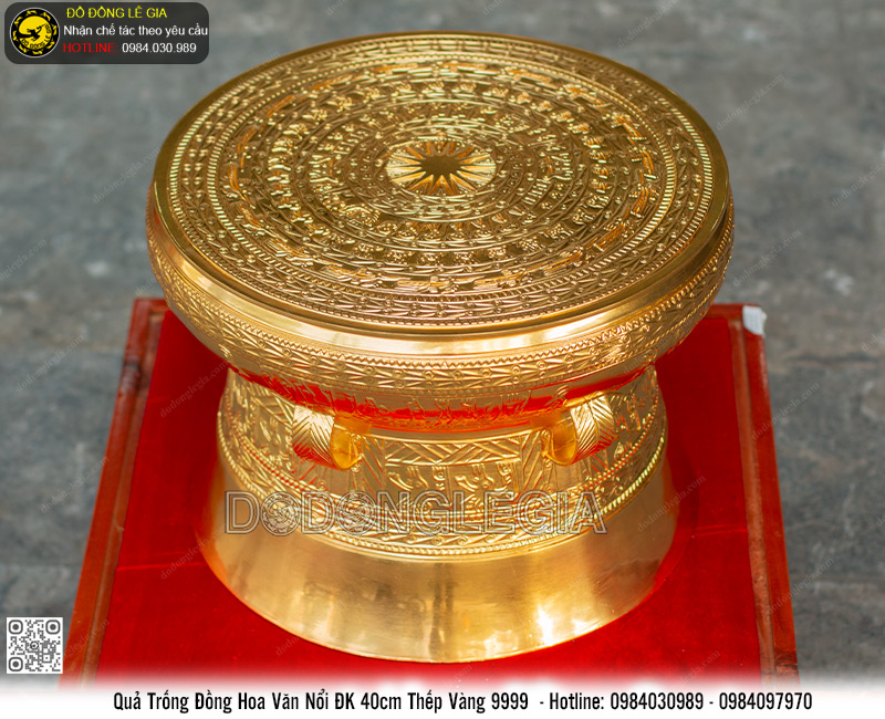 Quả Trống Đồng Hoa Văn Nổi ĐK 40cm thếp vàng 9999