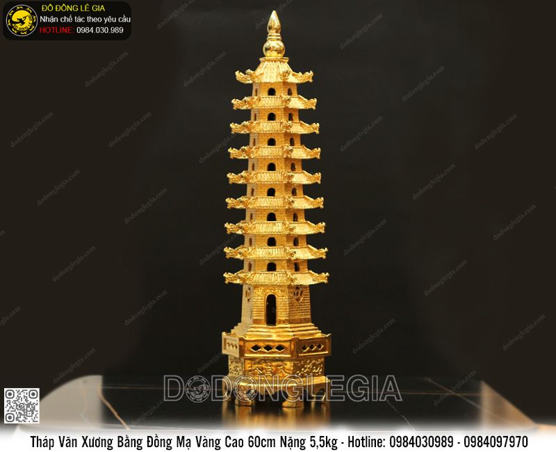 Tháp Văn Xương 9 Tầng Bằng Đồng Cao 60cm Mạ Vàng 24k