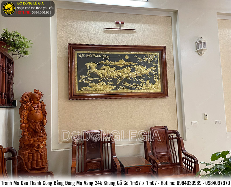 Tranh bát mã mạ vàng 24k khung gỗ gõ KT 1m97x1m07