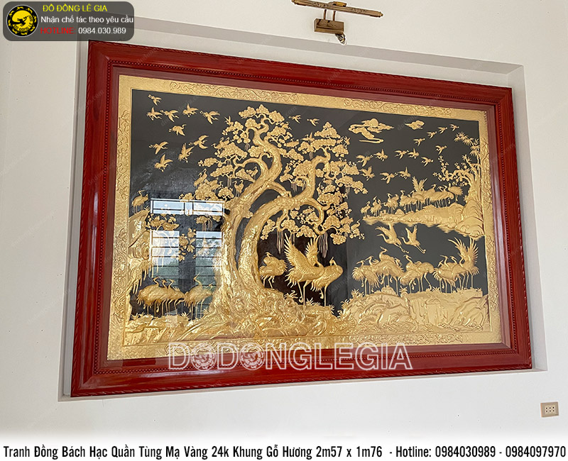Tranh bách hạc quần tùng mạ vàng 24k KT 2m57x1m76