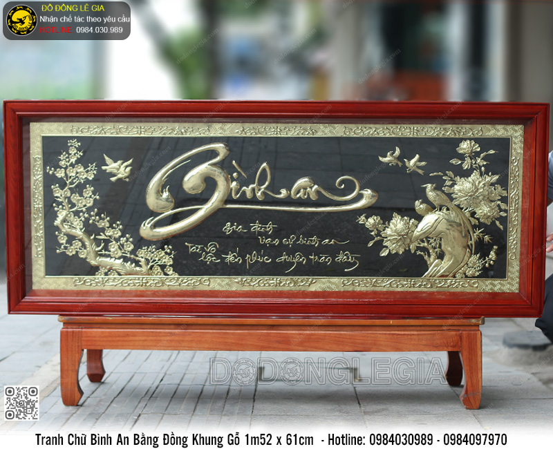 Tranh Chữ Bình An Bằng Đồng Khung Gỗ 1m52 x 61cm