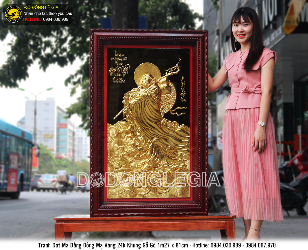 Tranh đồng Đạt ma sư tổ mạ vàng 24k, khung gỗ gõ