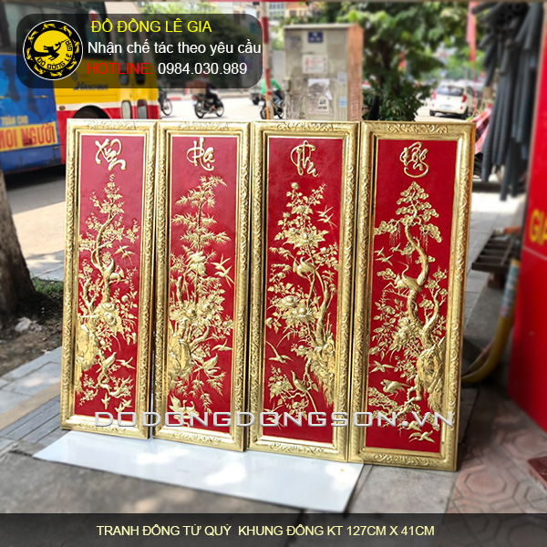 Tranh đồng tứ quý khung đồng liền tấm 127cmx41cm