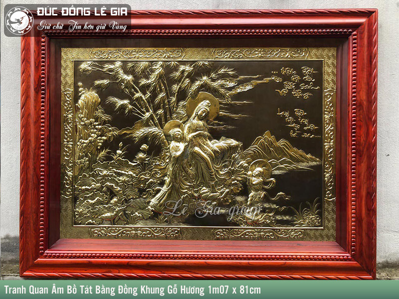 Tranh Quan Âm Bồ Tát Bằng Đồng Khung Gỗ Hương 1m07 x 81cm
