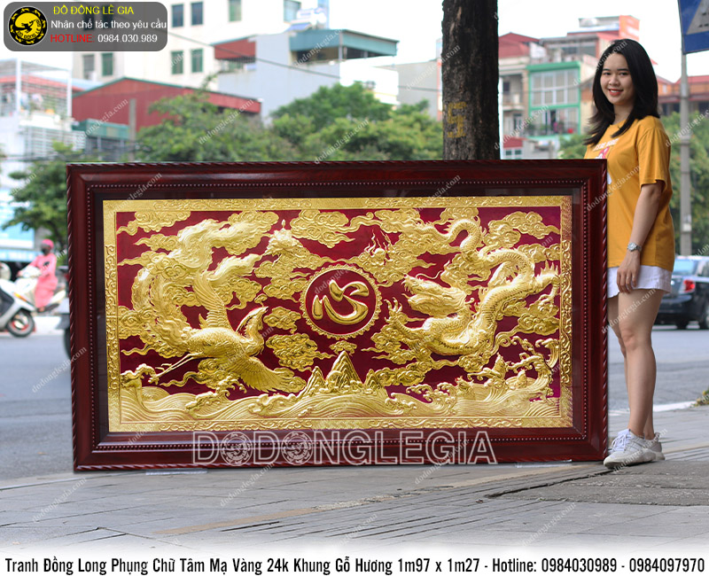 Tranh Đồng Long Phụng chữ Tâm mạ vàng 24k