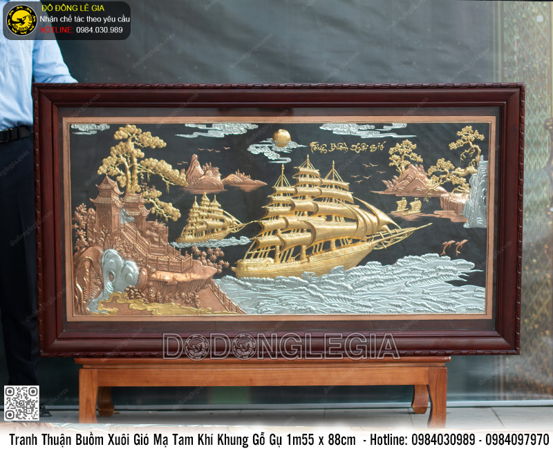 Tranh Thuyền mạ tam khí khung gỗ gụ 1m55 x 88cm