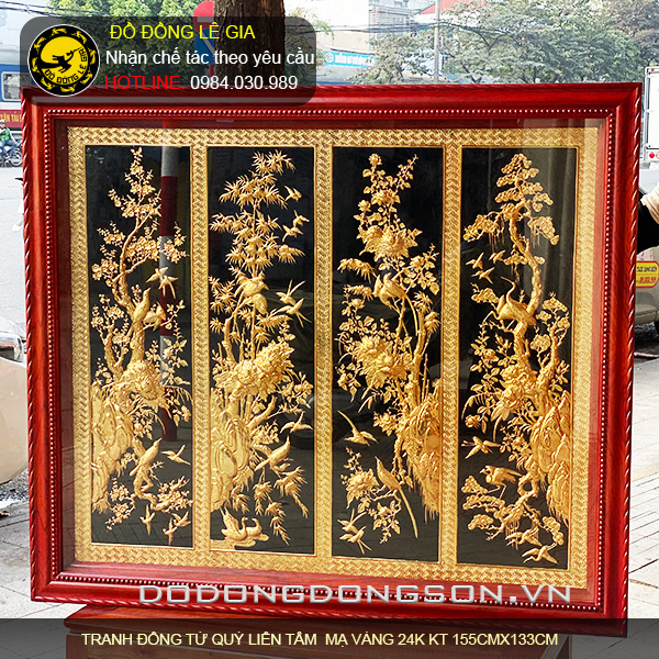 Tranh đồng tứ quý liền tấm mạ vàng 24k