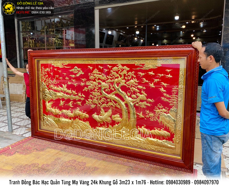 Tranh đồng Bách hạc quần tùng mạ vàng 24k 