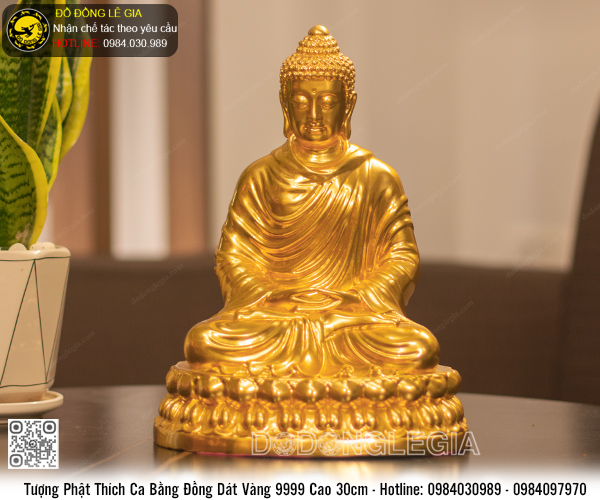 Tượng Phật Thích Ca bằng đồng dát vàng 9999 cao 30cm