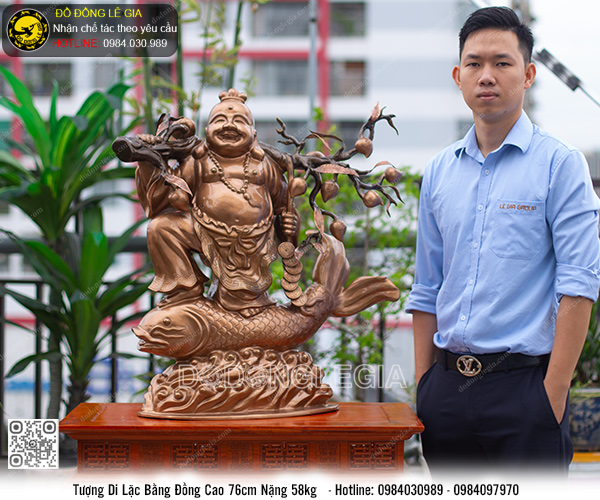 Tượng Di Lặc Cưỡi Cá Chép đồng đỏ cao 76cm