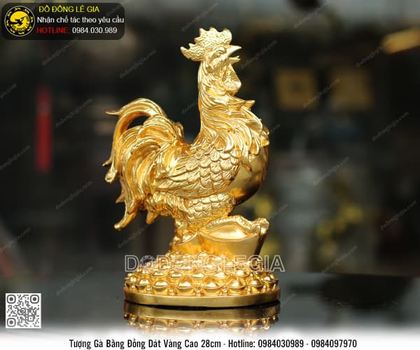 TƯỢNG GÀ BẰNG ĐỒNG DÁT VÀNG 9999 CAO 28CM