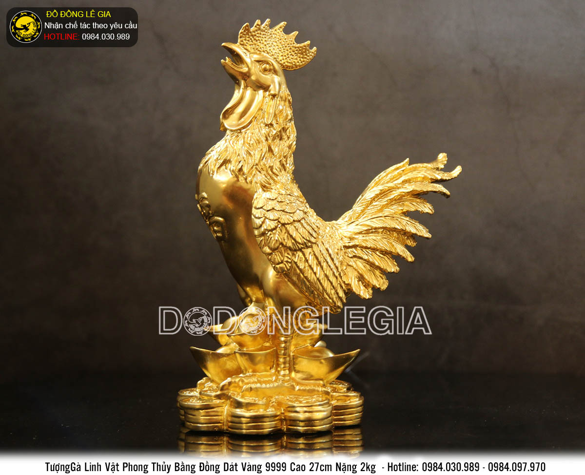 Tượng linh vật Gà bằng đồng thếp vàng 9999