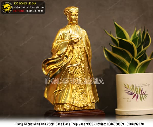 Tượng Khổng Minh bằng đồng thếp vàng 9999 cao 25cm