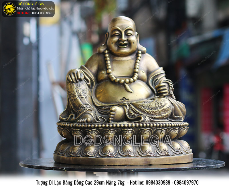 Tượng phật di lặc ngồi bệ sen bằng đồng thau cao 29cm