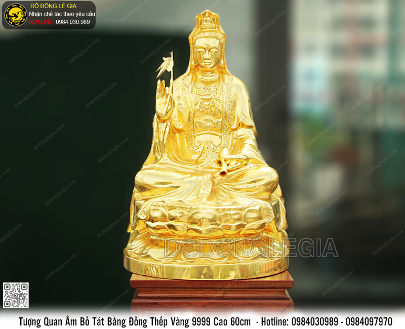Tượng Phật Bà Quan Âm bằng đồng đỏ dát vàng 9999 cao 60cm