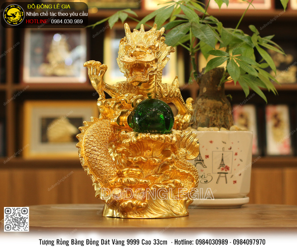 Tượng Rồng Nhả Ngọc bằng đồng dát vàng 9999 cao 33cm