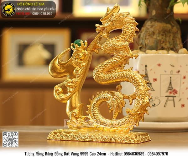 Tượng Rồng Chữ Phúc Phun Ngọc dát vàng 9999 cao 24cm