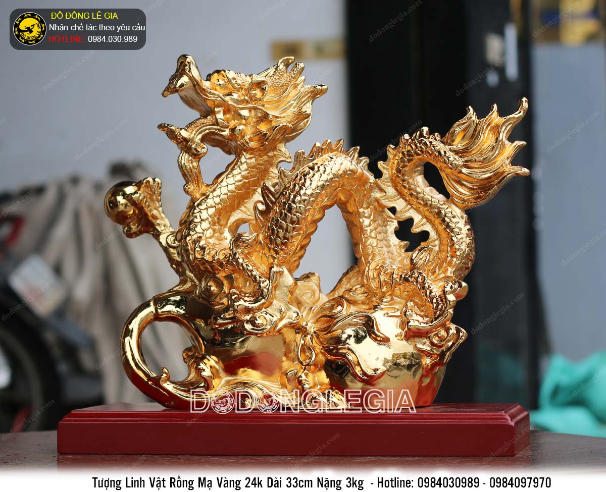 Tượng linh vật Rồng bằng đồng mạ vàng 24k cao 25cm