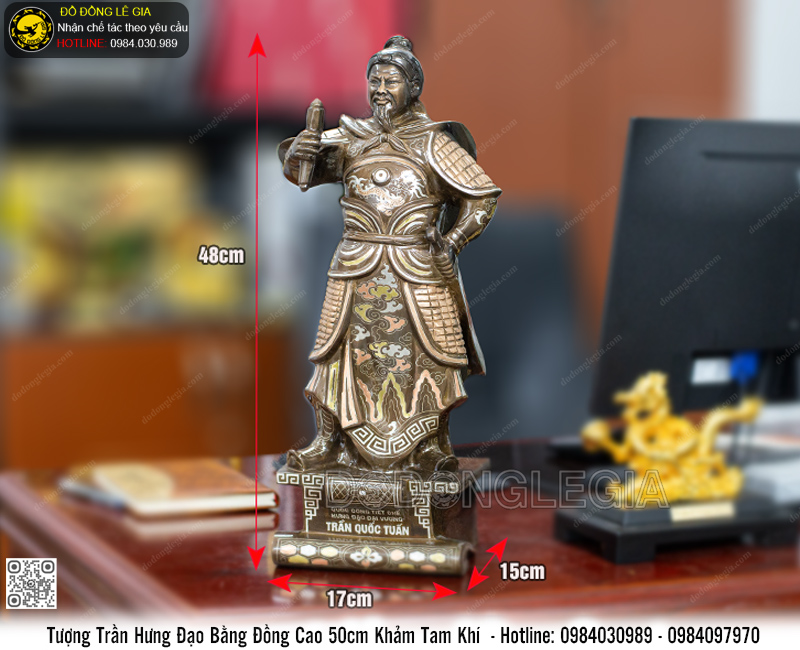 Tượng Trần Hưng Đạo Bằng Đồng Khảm Tam Khí Cao 50cm