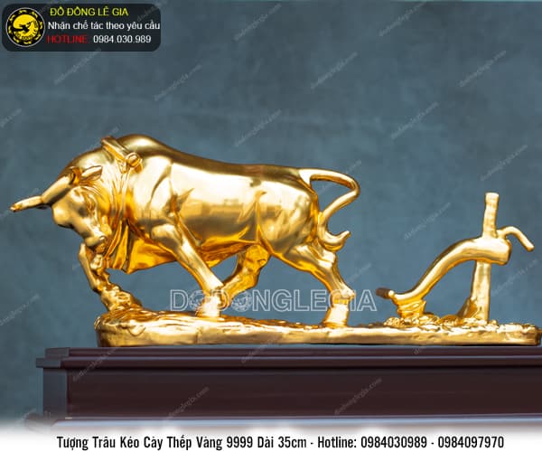 Tượng Trâu Kéo Cày thếp vàng 9999 dài 35cm