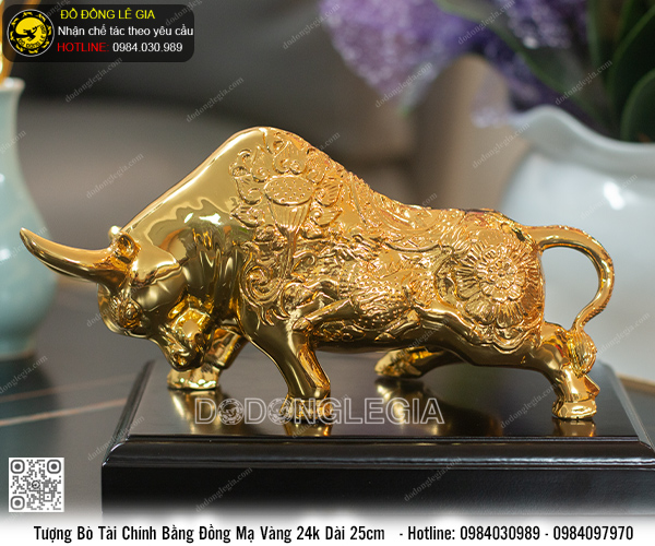 Tượng Bò Tài Chính Bằng Đồng Mạ Vàng 24k Dài 25cm